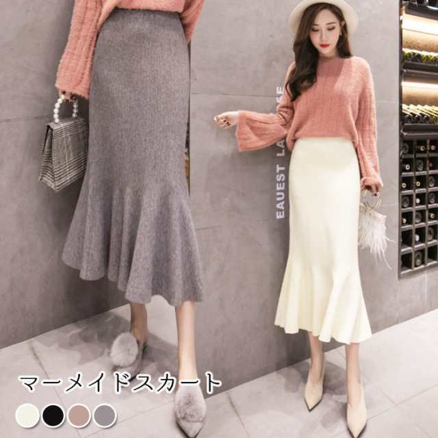 マーメイドスカート ミモレ丈 ミディアム丈 リブ ニット ウエストゴム 無地 フレア レディース おしゃれ おすすめ 流行 女性らしい フェの通販は 4,847円