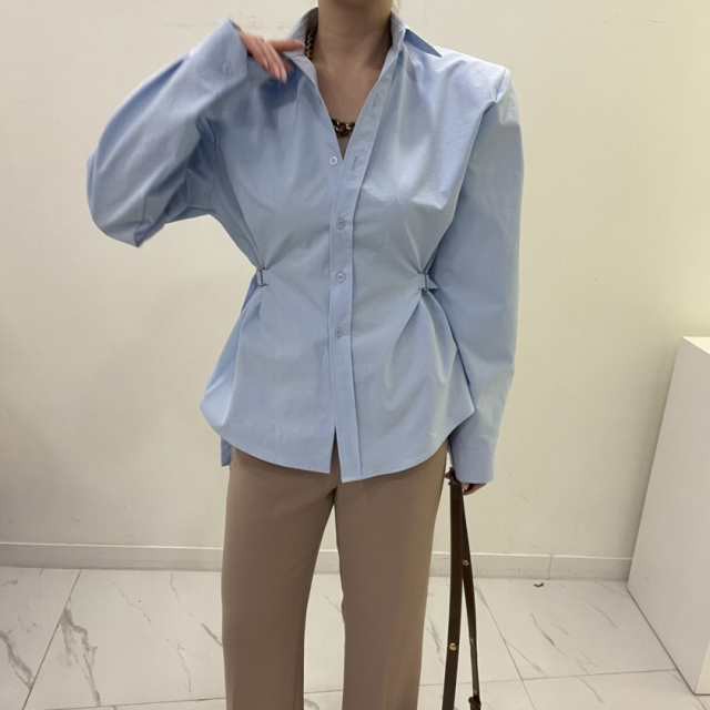 トップス レディース シャツ ブラウス 無地 レトロ ベルト ウエストマーク 肩パッド ビッグシルエット 長袖 襟付き パフスリーブ ベーシの通販は 4,959円