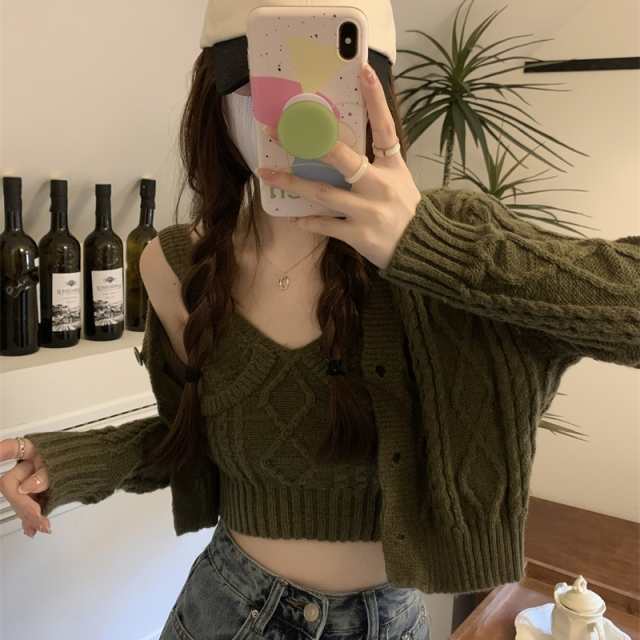 トップス レディース カーディガン タンクトップ 2点セットケーブル ニットカーディガン リブニット ショート丈 ノースリーブ 長袖 無地の通販は 4,959円