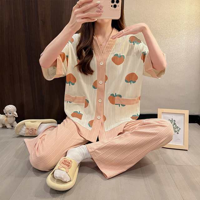 3点セット パジャマ 夏用 レディース ルームウェア 桃柄 部屋着 女性用 半袖上着 パンツ 短パン 長ズボン 着心地抜群 涼しい 爽やか レデの通販は