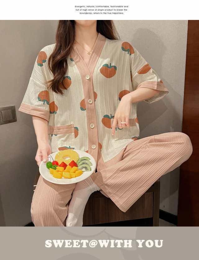 3点セット パジャマ 夏用 レディース ルームウェア 桃柄 部屋着 女性用 半袖上着 パンツ 短パン 長ズボン 着心地抜群 涼しい 爽やか レデの通販は