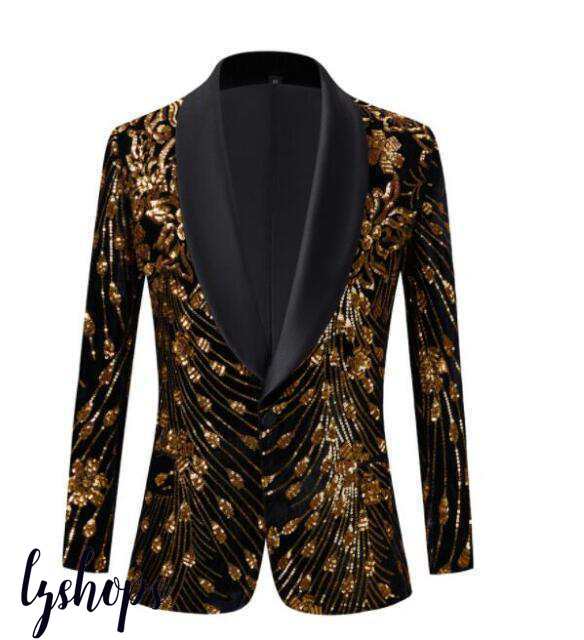 ステージ衣装 スーツ ジャケット 紳士服 メンズ 舞台 スーツ 長袖 黒 金スパンコール刺しゅう 花 孔雀 総柄 華やか 派手 男性用 カジュアの通販は
