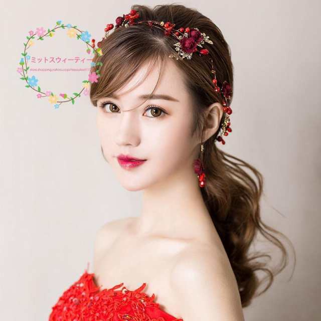 花嫁 ヘアバンド 2点セット 結婚式 赤 花 ウエディング ティアラ 髪飾り カチューシャ ウェディング 演奏会 発表会 ヘッドドレス ブライの通販は 5,691円