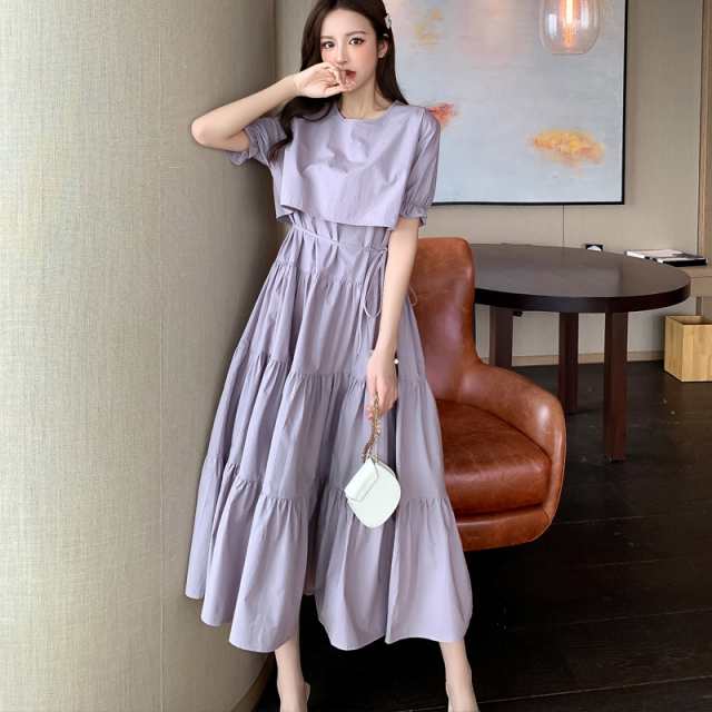 ワンピース パープル ピンク ブラック レディース ティアードワンピース 膝下 ミモレ丈 袖あり 半袖 個性的 送料無料 ラウンドネック 襟の通販は