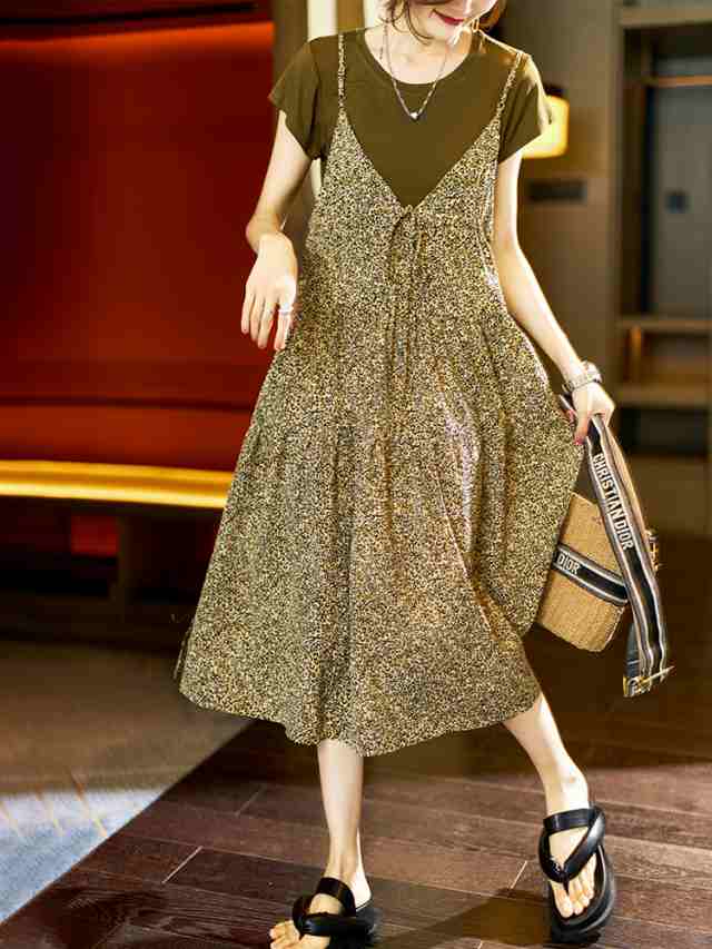 キャミ ワンピース レディース カジュアル Tシャツ セットアップ ヒョウ柄 フレア ミモレ丈 袖あり 半袖 ラウンドネック 大人 可愛い シの通販は 5,901円