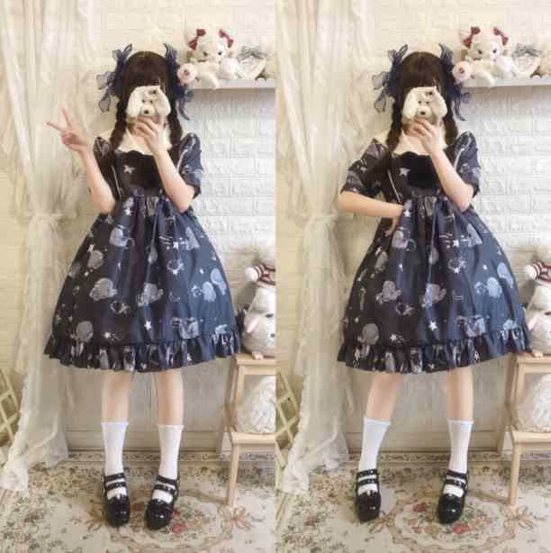 ガラスクラゲ柄セーラー風春夏ワンカラーゴスロリワンピース ドレス ロリィタ OP膝丈 Lolita ロリータ コスプレ エプロン 日常洋服リボンの通販は