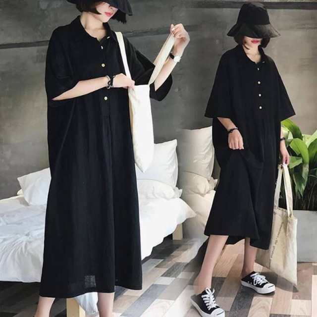 シャツワンピース レディース 40代 キレイめ マキシワンピース 春夏 半袖ワンピース 黒ロングスカート polo襟 オシャレ 韓国風 大きいサの通販は