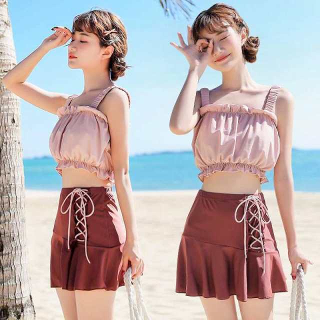 水着2点セット レディース 体型カバー水着 セパレート リボン スカート ビキニ 小胸バンドゥ 40代 オシャレ韓国風 可愛い`スポーツ スイの通販は 4,952円