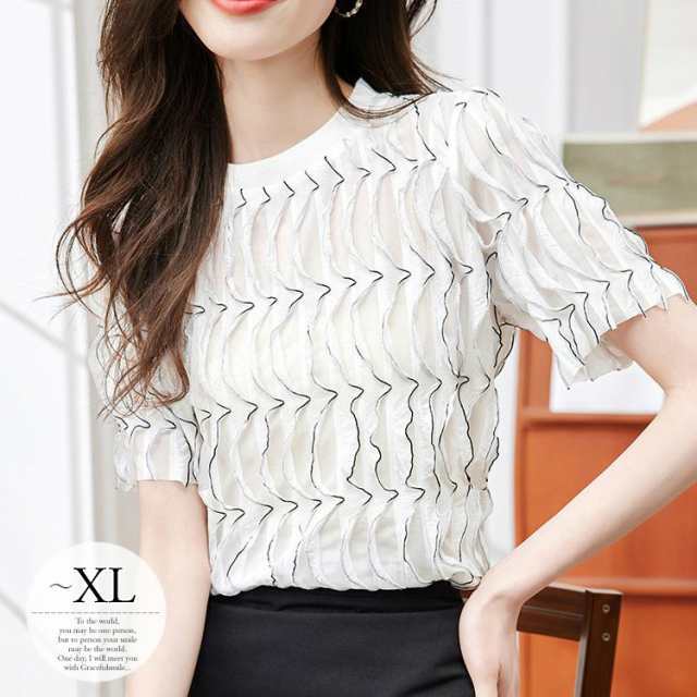 Tシャツ ブラウス シャツ 春 夏 きれいめ トップス 半袖 袖あり レディース 大きいサイズ クルーネック フリル 涼し気 上品 可憐 オフィの通販は