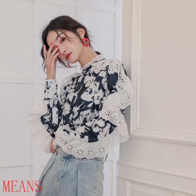 ブラウス トップス 袖あり 長袖 萌袖 スタンドカラー レース フリル ドッキング かわいい 大人可愛い きれいめ 大人 上品 おしゃれ お洒の通販は