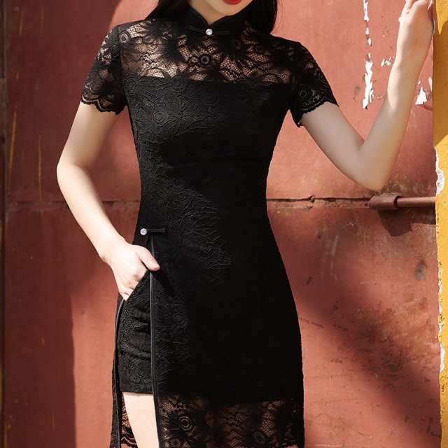 ショートチャイナドレス チャイナドレス 半袖 レース 黒 ブラック ミニワンピ レトロ スリット ポケット セクシー 可愛い ハーフスタンドの通販は 5,845円