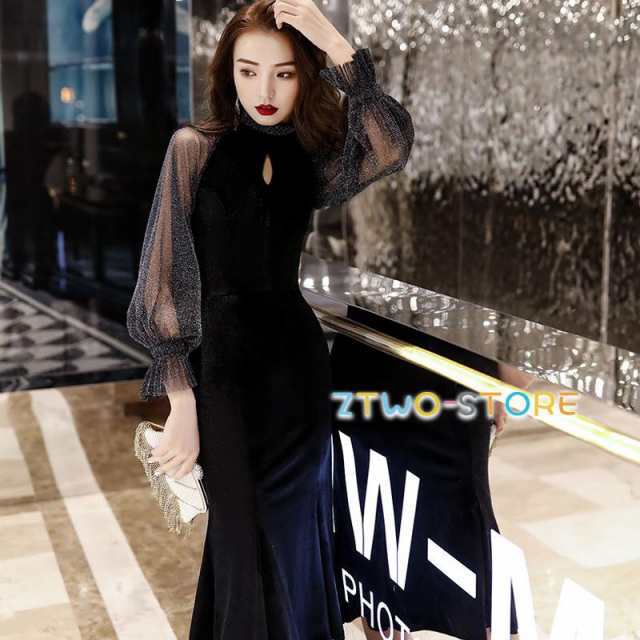 マーメイドドレス パーティードレス 結婚式 お呼ばれドレス 黒 袖あり 長袖 シースルー袖 スリット フリル スタンドカラー ワンピースドの通販は 7,686円