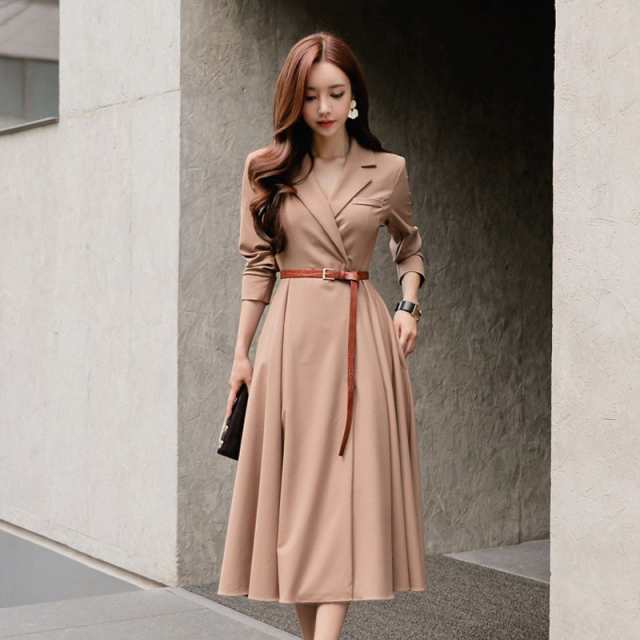 スーツワンピ aラインワンピース 袖あり ナイトドレス ミモレ丈ドレス パーディードレス レディース きれいめ おしゃれ 大人 入園式 卒業の通販は 6,080円