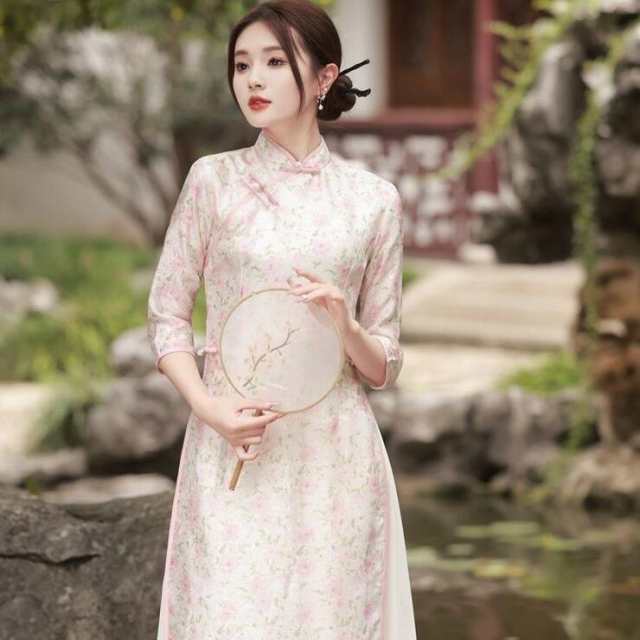 チャイナドレス ロング ワンピース マキシ アオザイ 花柄 七分袖 チャイナ服 ロングチャイナドレスの通販は 6,200円