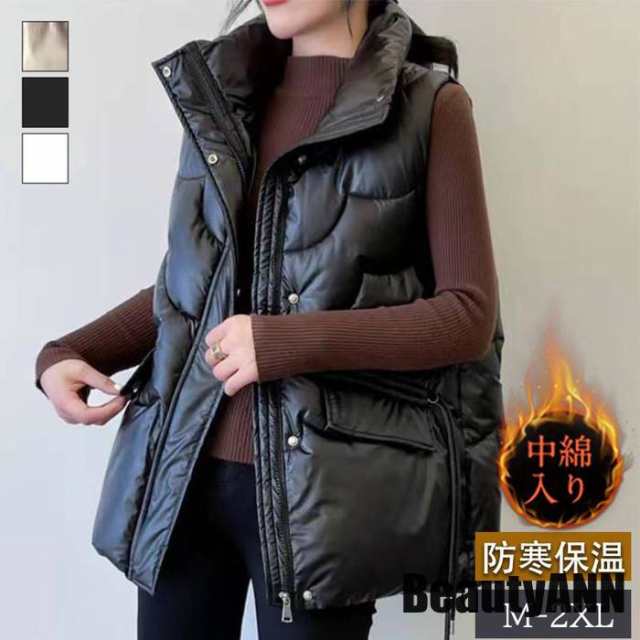 新生活 中綿ベスト レディース ベスト フード付き 袖なし 無地 ショット丈 ジレ チョッキ ダウンベスト カジュアル 厚手 秋冬 ゆったりの通販は