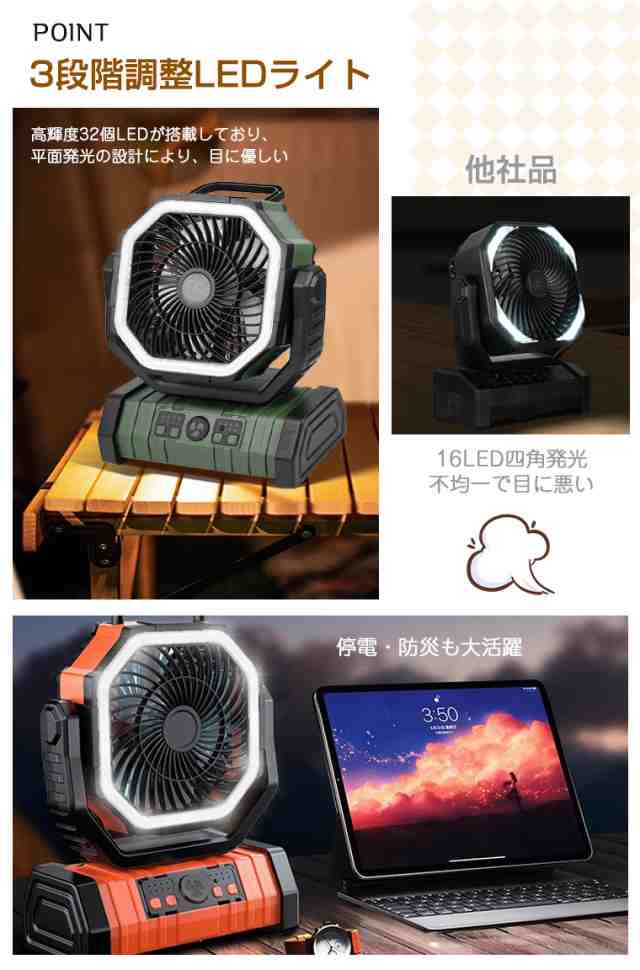 扇風機 キャンプ アウトドア 自動首振り コードレス 卓上 吊り下げ 小型 サーキュレーター 充電式 タイマー LEDライト 軽量 低騒音 冷風 おしゃれ 防災の通販は