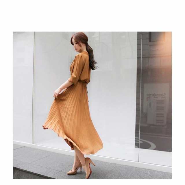 ワンピース 春物 秋 きれいめ レディース フォーマル 長袖 シャツ 秋物 Aライン ロング丈 プリーツ ハイウエスト 二次会 通勤 OL 50代 着痩せ フェミニンの通販は