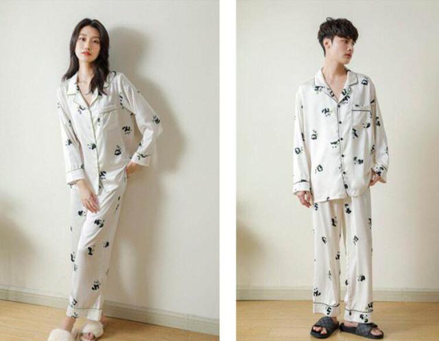 ルームウェア レディース panda 上下セット サテン パジャマ 長袖