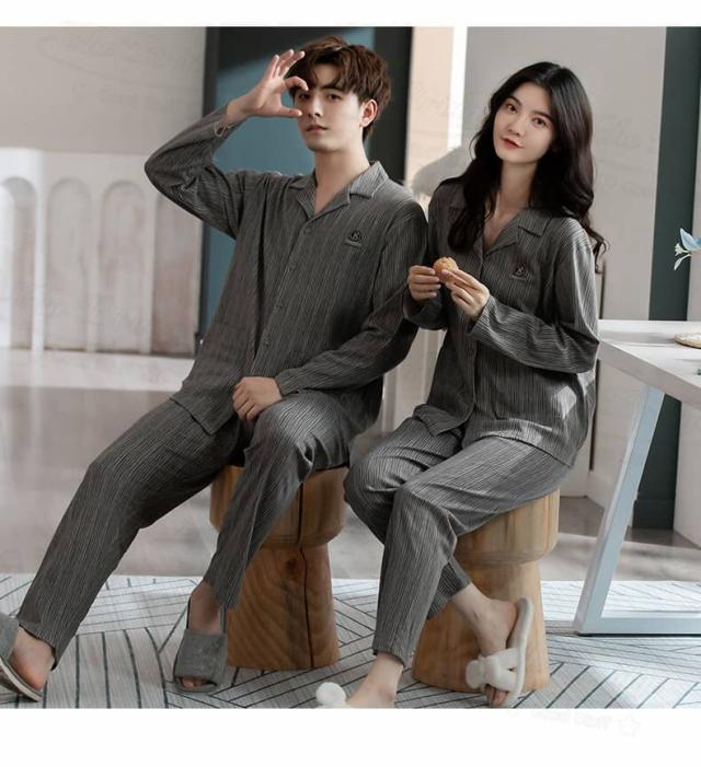 パジャマ ルームウェア 秋冬 ペアルック カップル 部屋着 レディース メンズ 普段着 コットン 上下セット カップル 長袖 綿 前開き ストライプ ユニセックス カップルパジャマ カジュアル お揃い プレゼント 春 秋 パンツ ペアルックパジャマ 夫婦 結婚祝い