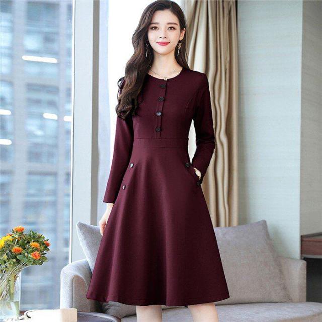 工場直送 ワンピース レディース 40代 きれいめ 長袖 上品 秋冬 膝丈ワンピース 丸首 おすすめ