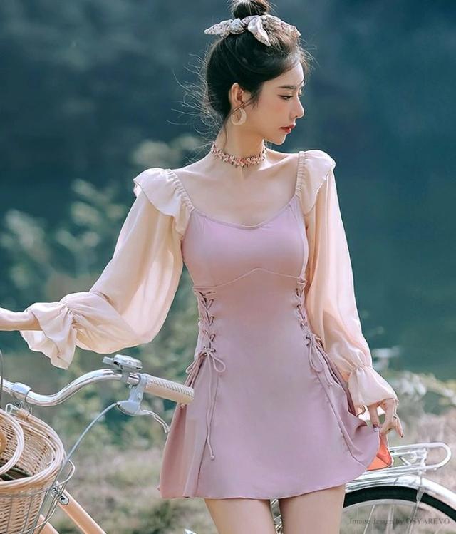 ポエットスリーブ レース アップ ワンピース水着 水着 レディース 体型