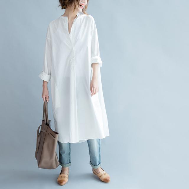 ロングシャツ シャツワンピース サイドスリット スタンドカラー ノーカラー Vネック 長袖 無地 フレア コットン オフィス エの通販はau Wowma Yumi Shop