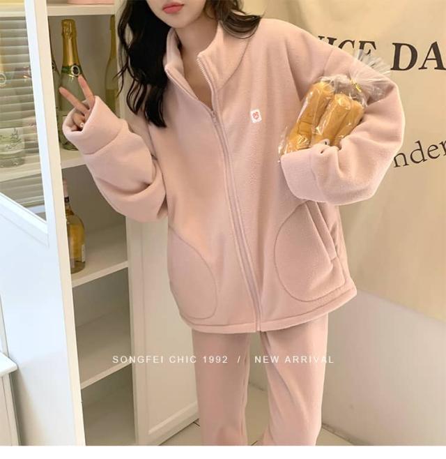 レディースパジャマ セットアップ ルームウェア 前開き 秋冬 厚手 パジャマ レディース ルームウェア 2点セット 秋冬 厚手 ジャケット パンツ 部屋着 ファスナー 前開き ゆったり 大きいサイズ 防寒 暖かい 女性 パジャマ ピンク ホワイト グリーン 無地