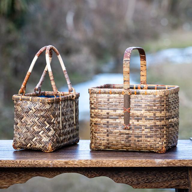 虎竹スクエア手付き籠  温泉かご 買い物かご 収納カゴ 竹製 お母さん愛用  エコバッグ  手提げ籠 マイバスケット 竹 籠 プレゼント ギフト 母の日 工芸品 手編み かごバッグ 巾着 手作り 篭 かご