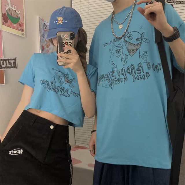 Tシャツ メンズ レディース カップル服 ショート丈 へそ出し トップス 半袖 夏 ゆるい 韓国ファッション 原宿系ヒップホップ ダンス ストの通販はau Pay マーケット Shipshop