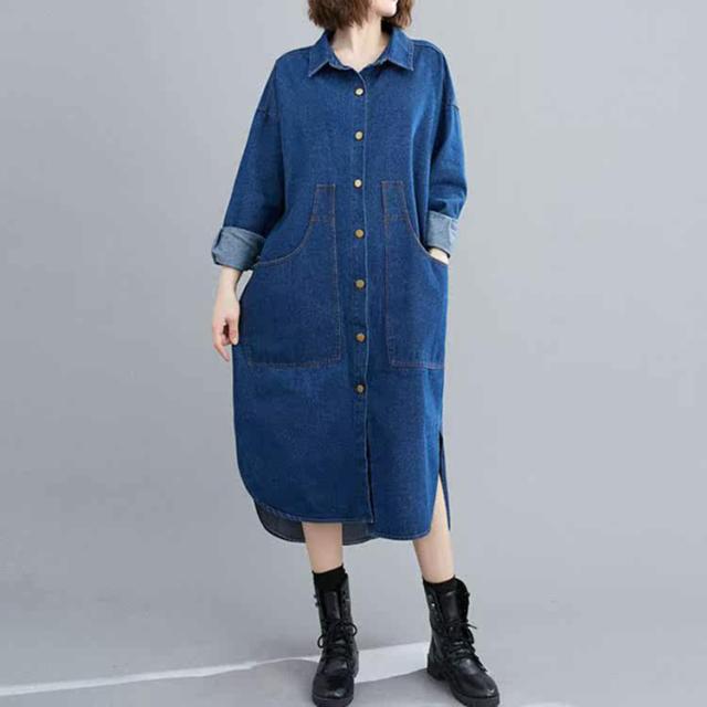 デニムワンピース ロング デニム 開襟 シャツワンピース デニム ポケット ワンピース 長袖 デニム生地 大人 代 30代 40代 ウエストリボの通販はau Pay マーケット Dream Of Love