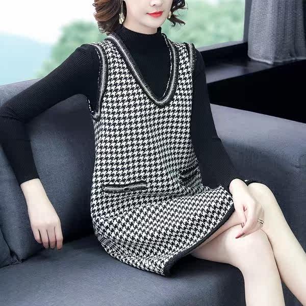ワンピース レディース きれいめ 40代 秋 冬 膝丈 ジレワンピース 2点セット ニットソー 千鳥柄 Aライン 上品 大人 ママワンピース 体型の通販はau Pay マーケット Sunflower