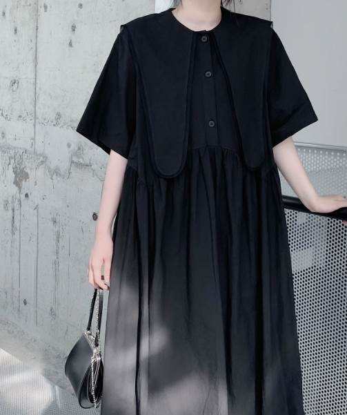 レディース ワンピース シャツワンピ ロング 半袖 襟付き ケープ襟