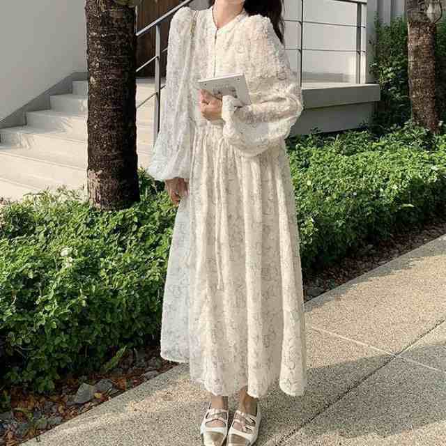 レディース ワンピース 長袖 ランタンスリーブ ロング丈 バタフライ 蝶 プリント Aライン ウエストリボン ルーズ きれいめ 上品 おしゃれ お洒落 シンプル カジュアル 大人可愛い