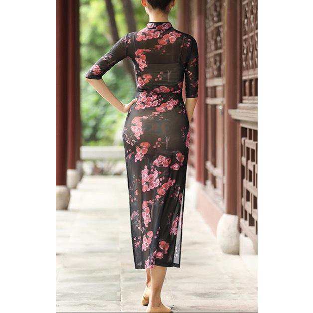 チャイナドレス レディースワンピース ダンスウエア中華風ロングドレス中袖スタンドカラー 社交ダンス モダンドレス花柄プリント演出服 舞台 全店二点送料無料 チャイナドレス レディースワンピース ダンスウエア中華風ロングドレス