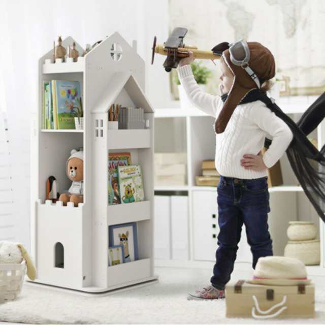 360°回転本棚 本棚 3段 大容量収納 コミック 収納ラック 組立簡単 白