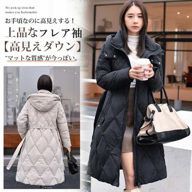 ダウンコート レディース ロング ダウンジャケット フレア袖　大人フェミニン フード スタンドカラー aライン 着痩せ 大きいサイズあり春 ダウンコート レディース ロング ダウンジャケット フレア袖 大人