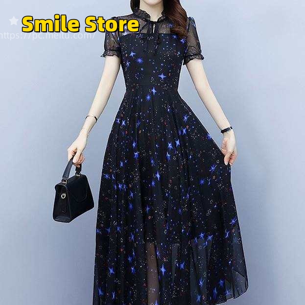 ワンピース レディース フレアワンピース ワンピドレス 膝下 ミディアム丈 半袖 パフスリーブ スタンドカラー フレア Aライン シフォン フリル ふわふわ ハイウエスト 透け感 シースルー