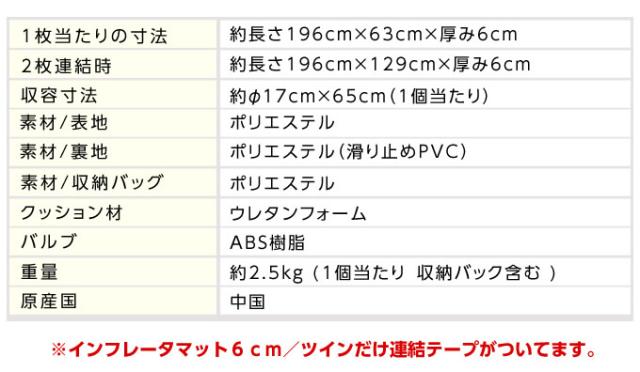 ツイン キャンプマット インフレーターマット 6cm 自動膨張式 連結 VP160301K01 ビジョンピークス VISIONPEAKS_2