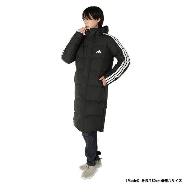 アディダス adidas ロングコート メンズ スリーストライプ フードロングダウンコート JZ8731 WF945 ベンチコート 観戦 スポーツ クラブ 黒 ブラック くろ_1