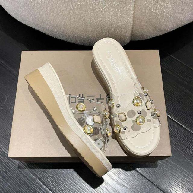 Rechercher ルシェルシェ パールメビジューデザイン厚底クリアサンダル Rechercher ルシェルシェ パールメビジューデザイン厚底クリア