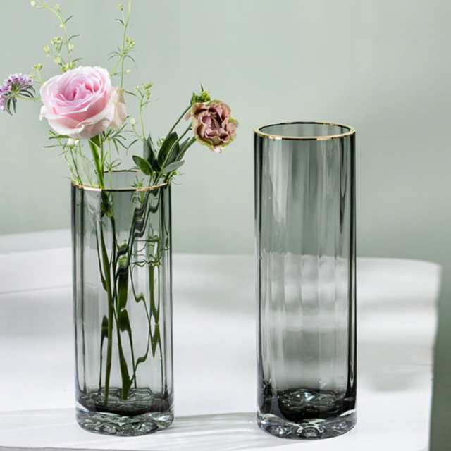 金縁 フラワーベース 花瓶 ガラス製 花瓶 おしゃれ ゴールドライン ガラス 花瓶 北欧 ガラスベース 深型 透明 シンプル アンティーク風