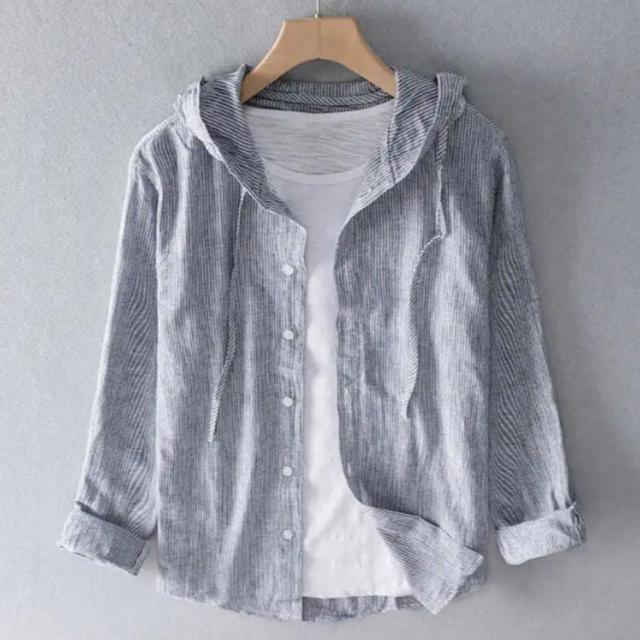 シャツ メンズ カジュアルシャツ シャツパーカー ストライプ柄 トップス パーカー フード付きシャツ ライトアウター リネンシャツ 綿麻 長袖 Outlet Sale フード付きシャツ