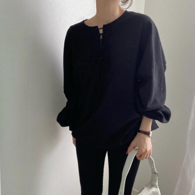 レースアップ プルオーバー ヘンリーネック Tシャツ トレーナー スウェット カットソー ボリューム袖 ランタンスリーブ ス スキッパ cjfj49737_2.jpg