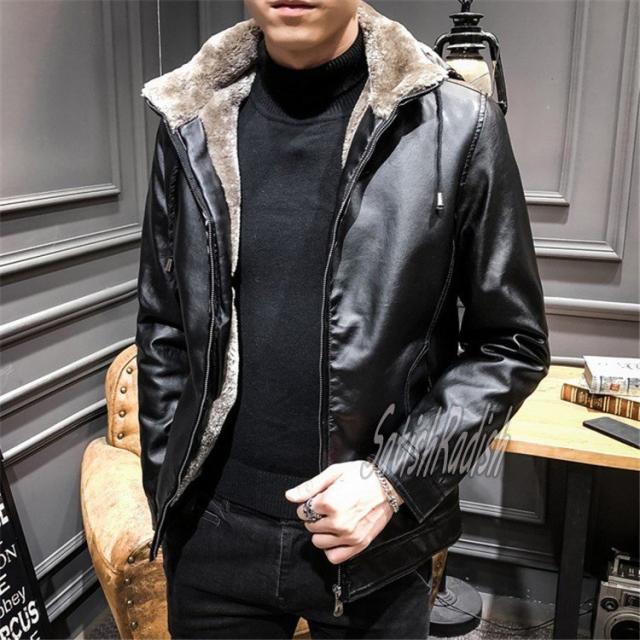 革ジャン メンズ ライダースジャケット 裏起毛 フード付き PUレザー ストリート アウター 欧米風 カジュアル 防寒 保温 春 秋　冬の通販は 5,914円