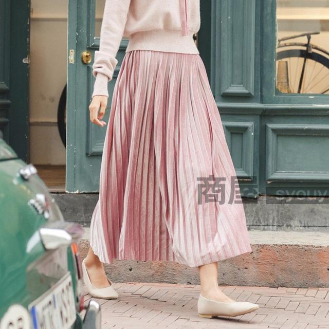 プリーツスカート フレア スカート レディース 秋 冬 ロング丈 ミモレ丈 膝下 ハイウエスト ベルベット生地 ボトムス ファンション 2019 プリーツスカート フレア スカート レディース 秋 冬 ロング丈 ミモレ