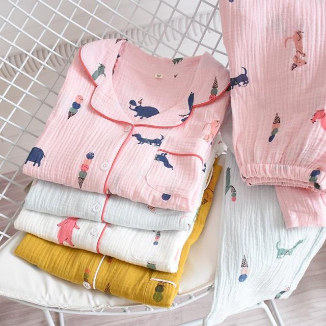 綿100％ガーゼパジャマ 二重 ガーゼ レディース キュート柄 襟付き 前開き 長袖長ズボン上下セット ルームウェア 吸湿 通気 敏感肌用 部屋着 春夏秋冬用の通販は 6,110円