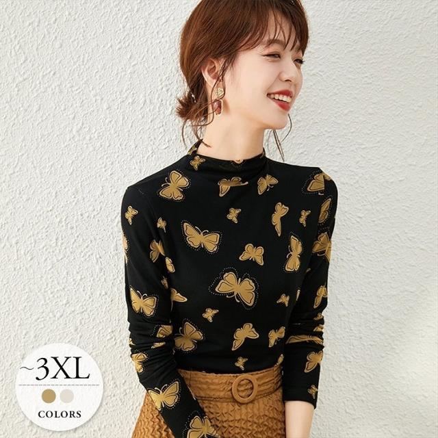 ロンT トップス レディース 長袖 蝶々 総柄 ハイネック きれいめ 大人カジュアル デイリー 華やか ホワイト ブラウン ブラック 魅力的 ナチュラル の通販は 4,802円