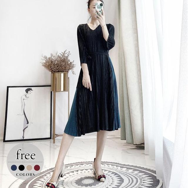 ワンピース Vネック ロング丈ワンピ ツートン 個性的 SNS映え 休日スタイル ストリート 可愛い ガーリー デート フェミニン 女子会 女子旅 食事会 7,594円