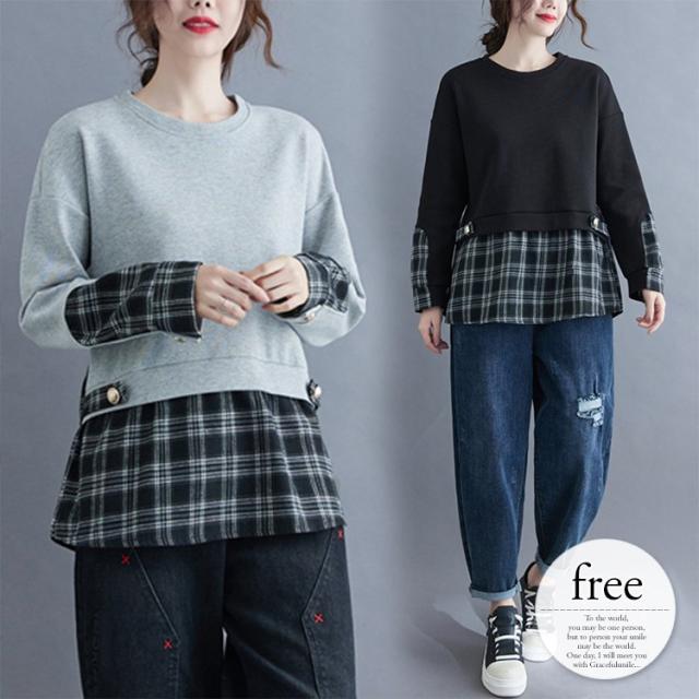スウェット レディース 長袖 チェック ボタン アクセント 着こなし 丸首 ゆったり 組み合わせ グレー ブラック ミセス イベント 可愛い 魅力的の通販は