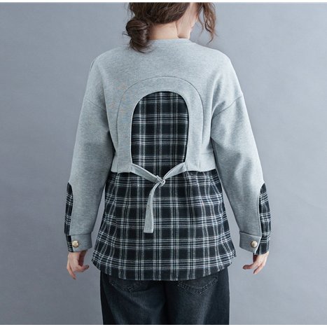 スウェット レディース 長袖 チェック ボタン アクセント 着こなし
